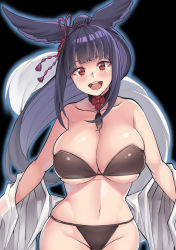 Rule 34 | 1girl, :d, animal ears, bikini, black background, black bikini, black hair, blood hood, breasts, choker, cleavage, collarbone, dress, granblue fantasy, hair ornament, highres, large breasts, long hair, looking at viewer, navel, open mouth, ponytail, red eyes, simple background, smile, solo, swimsuit, tail, teeth, yuel (granblue fantasy)