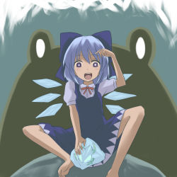 Rule 34 | 1girl, animal, barefoot, blue bow, blue dress, blue eyes, blue hair, blue ribbon, bow, cirno, dress, face, frog, frozen, frozen frog, giant toad, hair bow, hair ribbon, ice, ice wings, matching hair/eyes, miyo (ranthath), oogama, open mouth, oversized animal, puffy short sleeves, puffy sleeves, ribbon, short sleeves, sitting, smile, solo, spread legs, toad (animal), touhou, wings