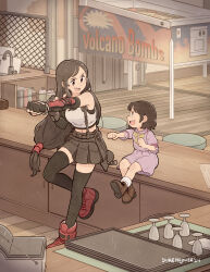 Rule 34 | absurdres, bar (place), black thighhighs, brown eyes, brown footwear, crop top, dress, dukehooverart, final fantasy, final fantasy vii, final fantasy vii remake, highres, long hair, low-tied long hair, marlene wallace, open mouth, pink dress, red footwear, shadow boxing, single arm guard, skirt, suspender skirt, suspenders, tank top, teeth, thighhighs, tifa lockhart, upper teeth only, white tank top