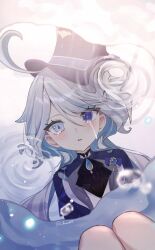 Rule 34 | 1girl, ahoge, ascot, blue ascot, blue brooch, blue eyes, blue hair, blue hat, blue jacket, crying, crying with eyes open, furina (genshin impact), genshin impact, hat, heterochromia, highres, jacket, light blue hair, long hair, looking at viewer, luna (luna610), mismatched pupils, parted lips, reflection, reflective water, solo, swept bangs, teardrop, tearing up, tears, top hat, twitter username