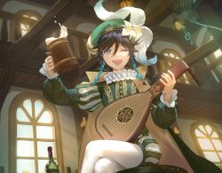 Rule 34 | 1boy, ;d, alternate costume, androgynous, beer mug, black hair, blue hair, braid, cape, commentary request, crossed legs, cup, flower, genshin impact, gradient hair, green cape, green eyes, green shirt, hat, hat feather, highres, holding, holding cup, holding instrument, instrument, long sleeves, lute (instrument), mizuku hei, mug, multicolored hair, neck ruff, one eye closed, open mouth, puffy shorts, puffy sleeves, shirt, short hair with long locks, shorts, sitting, smile, solo, staff (music), striped clothes, striped shorts, treble clef, twin braids, venti (genshin impact), white flower