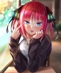 Rule 34 | 1girl, :p, akgrn, black jacket, black ribbon, blue eyes, blue nails, blunt bangs, blurry, blurry background, blush, butterfly hair ornament, closed mouth, collared shirt, commentary request, desk, elbows on table, eyelashes, go-toubun no hanayome, hair ornament, hair ribbon, hand on own cheek, hand on own face, highres, holding hands, jacket, korean commentary, lens flare, looking at viewer, medium hair, nail polish, nakano nino, on chair, pink hair, pov, ribbon, shirt, sidelighting, sitting, sleeves past wrists, smile, solo, straight-on, straight hair, tongue, tongue out, upper body, v, white shirt