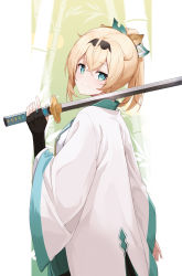 Rule 34 | 1girl, absurdres, bamboo, bamboo forest, blonde hair, fingerless gloves, forest, from behind, gloves, haori, highres, hololive, japanese clothes, katana, kazama iroha, looking back, nature, over shoulder, ponytail, setsurimu (pro viden), smile, sword, virtual youtuber, weapon, weapon over shoulder