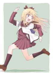 Rule 34 | 1girl, :d, akanemachiyama, bag, blonde hair, blue eyes, blush, border, bow, brown footwear, full body, green background, hair bow, hair ribbon, kneehighs, layered sleeves, loafers, long hair, long sleeves, nanamori school uniform, open mouth, ribbon, school bag, school uniform, shoes, smile, socks, solo, toshinou kyouko, white border, yuru yuri