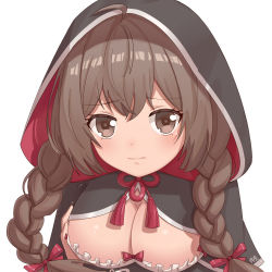 Rule 34 | 1girl, black hoodie, braid, breasts, brown eyes, brown hair, cleavage, commentary request, hood, hoodie, kantai collection, large breasts, long hair, looking at viewer, moon ash, shinshuumaru (kantai collection), simple background, solo, twin braids, upper body, white background
