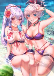 Rule 34 | 2girls, bad id, bad pixiv id, bare shoulders, beach, bikini, bikini top only, blue eyes, blue skirt, blush, bracelet, breasts, cleavage, collarbone, day, earrings, fate/grand order, fate (series), flower, food, fruit, grin, hair between eyes, hair flower, hair ornament, hair ribbon, hand up, highres, jewelry, large breasts, licking lips, long hair, looking at viewer, magatama, miniskirt, miyamoto musashi (fate), multiple girls, navel, necklace, pink hair, ponytail, popsicle, purple bikini, red eyes, red ribbon, ribbon, saruei, scrunchie, sidelocks, silver hair, skirt, smile, sunlight, swept bangs, swimsuit, thigh strap, thighs, tomoe gozen (fate), tongue, tongue out, very long hair, watermelon, white bikini, wrist scrunchie