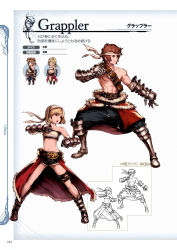 Rule 34 | 10s, 1boy, 1girl, armor, armored boots, bandeau, bare shoulders, belt, blonde hair, bob cut, boots, brown eyes, brown hair, chibi, collarbone, djeeta (granblue fantasy), fighting stance, full body, fur trim, gauntlets, gran (granblue fantasy), granblue fantasy, grappler (granblue fantasy), headband, highres, legs apart, lineart, midriff, minaba hideo, non-web source, official art, open mouth, scan, topless male, short shorts, shorts, simple background, wide stance