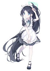 Rule 34 | 1girl, :o, apron, aqua halo, aris (blue archive), aris (maid) (blue archive), arm up, black dress, black hair, blue archive, blue eyes, blue ribbon, collared dress, commentary, cram960, dress, english commentary, full body, halo, hand on own head, high ponytail, highres, leg up, light blush, long hair, looking at viewer, maid, maid apron, maid headdress, mary janes, neck ribbon, official alternate costume, open mouth, ponytail, puffy short sleeves, puffy sleeves, ribbon, shoes, short sleeves, simple background, solo, standing, standing on one leg, very long hair, white apron, white background, wristband