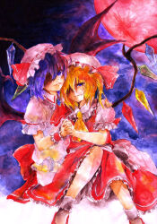 Rule 34 | 2girls, ascot, back bow, bat wings, blonde hair, bow, closed mouth, collared shirt, crystal, dark background, flandre scarlet, frilled shirt collar, frilled skirt, frilled sleeves, frills, full body, hair between eyes, hand on another&#039;s shoulder, hat, holding hands, interlocked fingers, large bow, looking at viewer, medium hair, mob cap, moon, multicolored wings, multiple girls, one side up, outdoors, pink headwear, pink shirt, pink skirt, puffy short sleeves, puffy sleeves, purple hair, randoruto-kan, red bow, red footwear, red moon, red ribbon, red skirt, red vest, remilia scarlet, ribbon, ribbon-trimmed headwear, ribbon-trimmed sleeves, ribbon trim, shaded face, shirt, short sleeves, siblings, sisters, skirt, socks, touhou, traditional media, vest, white bow, white headwear, white socks, wings, wrist cuffs, yellow ascot