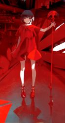 Rule 34 | 1girl, absurdres, brown eyes, brown hair, chromatic aberration, collar, dress, full body, hair between eyes, highres, indoors, industrial pipe, original, red dress, red footwear, red theme, reflection, reflective floor, short hair, solo, staff, standing, taiki (luster)