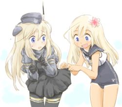 Rule 34 | 10s, 2girls, blonde hair, blue eyes, clothes lift, crop top, cropped jacket, dress, dual persona, flower, garrison cap, hair flower, hair ornament, hat, kantai collection, long hair, military, military uniform, multiple girls, ohyo, one-piece swimsuit, puffy sleeves, ro-500 (kancolle), sailor collar, school swimsuit, skirt, skirt lift, swimsuit, swimsuit under clothes, time paradox, u-511 (kancolle), uniform