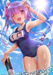 Rule 34 | 10s, 1girl, armpits, blue eyes, fang, highres, i-19 (kancolle), kantai collection, long hair, name tag, one-piece swimsuit, one eye closed, purple hair, red eyes, school swimsuit, smile, solo, star-shaped pupils, star (symbol), sun, sunlight, swimsuit, symbol-shaped pupils, torpedo, tri tails, tsuru ringo, water