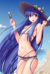 Rule 34 | 1girl, beach, bikini, blue hair, blue sky, breasts, cloud, cowboy shot, day, flat chest, food, frozen fruit, fruit, hat, hater (hatater), highres, hinanawi tenshi, ice cream, long hair, looking at viewer, navel, navel piercing, outdoors, peach, piercing, popsicle, red eyes, sky, small breasts, solo, standing, swimsuit, touhou, very long hair, water, white bikini