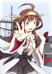 Rule 34 | 10s, 1girl, 2015, absurdres, ahoge, bare shoulders, blue eyes, blush, breasts, brown hair, cleavage, detached sleeves, double bun, hakama, hakama skirt, headgear, highres, japanese clothes, kantai collection, kongou (kancolle), long hair, medium breasts, nontraditional miko, pokke (pokke-chan), skirt, smile, solo, v
