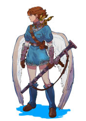 Rule 34 | 1girl, ammunition, animal, animal on shoulder, armlet, armor, artist name, bandaged arm, bandages, belt, belt buckle, blue dress, blue legwear, blue shirt, boots, breasts, brown belt, brown eyes, brown footwear, brown gloves, brown hair, buckle, cartridge, closed mouth, collar, commentary request, dress, dress shirt, ear piercing, earrings, feathered wings, full body, gloves, grey pants, highres, holding, holding weapon, jewelry, kaze no tani no nausicaa, looking away, looking to the side, nausicaa, okada (hoooojicha), pants, piercing, pouch, shirt, short hair, simple background, solo, sparkle, standing, weapon, white background, wings
