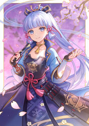 Rule 34 | 1girl, absurdres, arm guards, armor, armored dress, ayaka (genshin impact), blue dress, blue eyes, blue hair, blunt bangs, blunt tresses, bridal gauntlets, cherry blossoms, closed mouth, commentary request, cowboy shot, dress, flower knot, folded fan, folding fan, genshin impact, hair ribbon, hand fan, hands up, highres, holding, holding fan, japanese armor, lazuri7, light blue hair, long hair, looking at viewer, mole, mole under eye, neck tassel, petals, ponytail, ribbon, smile, solo, tress ribbon, very long hair