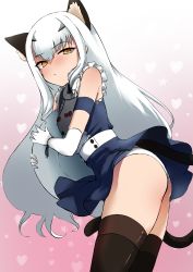Rule 34 | 1girl, absurdres, alternate costume, animal ear fluff, animal ears, ass, bare shoulders, black thighhighs, blue dress, blush, breasts, brown eyes, cat ears, cat tail, dress, enmaided, fake animal ears, fate/grand order, fate (series), forked eyebrows, frills, highres, long hair, looking at viewer, maid, melusine (fate), sidelocks, small breasts, solo, tail, thighhighs, thighs, tray, utemika, white hair