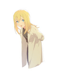 Rule 34 | 1girl, :d, absurdres, arms behind back, black shirt, blonde hair, blue eyes, blush, collared shirt, erica hartmann, hair between eyes, highres, lab coat, leaning forward, long hair, open mouth, pants, rekari (rekari628), shirt, simple background, smile, solo, standing, strike witches, white background, world witches series