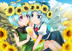 Rule 34 | 2girls, absurdres, antennae, aqua hair, blue bow, blue eyes, blue hair, blue skirt, blue vest, blush, bow, butterfly wings, cirno, collared shirt, cup, day, dress, drink, drinking, drinking glass, drinking straw, drinking straw in mouth, eternity larva, fairy, flower, green dress, hair between eyes, hair bow, hair flower, hair ornament, highres, holding, holding cup, ice, ice wings, insect wings, kanonari, leaf, leaf on head, multicolored clothes, multicolored dress, multiple girls, pink eyes, puffy short sleeves, puffy sleeves, shirt, short hair, short sleeves, single strap, skirt, smile, sunflower, tongue, tongue out, touhou, vest, white shirt, wings, yellow flower