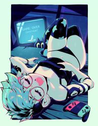 Rule 34 | 1girl, arm tattoo, black camisole, black panties, border, breasts, camisole, cat, commentary, drooling, ear piercing, game over, glasses, green border, green hair, green theme, hand on own chest, highres, lying, midriff, mika (paroro), mouth drool, navel, nintendo switch, on back, original, outside border, panties, parororo, piercing, print thighhighs, red-framed eyewear, short hair, sleeping, small breasts, solo, star (symbol), star print, tattoo, television, thighhighs, underwear