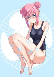 Rule 34 | 1girl, barefoot, blue eyes, bocchi the rock!, breasts, cold pack, double bun, feet, gotoh hitori, hair bun, highres, kadokadokado, large breasts, pink hair, school uniform, shaded face, simple background, soles, solo