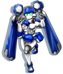 Rule 34 | 1girl, absurdres, blazermate, blue skirt, breasts, green eyes, helmet, highres, humanoid robot, mecha musume, medarot, medium breasts, no humans, no mouth, robot, robot girl, simple background, skirt, solo, twintails, v, white background, yamada naoto