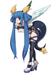 Rule 34 | 1girl, absurdres, angel wings, arms behind back, asymmetrical wings, bare shoulders, bbhdrrr, belt, black panties, black thighhighs, blue hair, breasts, cleavage, cleavage cutout, clothing cutout, detached collar, detached sleeves, dizzy (guilty gear), full body, guilty gear, guilty gear xrd, hair ribbon, hair rings, high heels, highres, large breasts, leaning forward, long hair, looking at viewer, meme, monster girl, panties, red eyes, ribbon, saul goodman&#039;s anime girl stance (meme), sidelocks, simple background, solo, tail, tail ornament, tail ribbon, thigh strap, thighhighs, thighs, twintails, underwear, very long hair, white background, wings, yellow ribbon