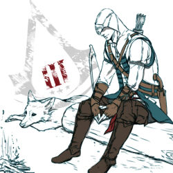 Rule 34 | 1boy, arrow (projectile), assassin&#039;s creed, assassin&#039;s creed (series), assassin&#039;s creed iii, bow, bow (weapon), connor kenway, fingerless gloves, fire, gloves, gun, hood, log, logo, lying, no eyes, quiver, r-541-e, sitting, vambraces, weapon, wolf