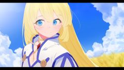 Rule 34 | 1girl, benio (dontsugel), blonde hair, blue eyes, blue sky, blush, choker, colette brunel, commentary, day, dot nose, highres, jewelry, letterboxed, long hair, necklace, outdoors, portrait, sky, smile, solo, tagme, tales of (series), tales of symphonia, upper body, very long hair, wheat field