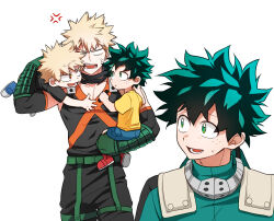 Rule 34 | 4boys, anger vein, angry, aqua bodysuit, aqua hair, baggy pants, bakugou katsuki, bare shoulders, belt, black mask, black pants, black shirt, black tank top, blank eyes, blonde hair, blue footwear, blue shorts, blush, boku no hero academia, buckle, carrying, carrying multiple people, carrying over shoulder, carrying person, cel shading, child, child carry, detached sleeves, eye mask, freckles, gloves, gradient hair, green belt, green eyes, green gloves, hair between eyes, hand on another&#039;s chest, hands up, highres, hodu (hodumha), korean commentary, looking at another, looking back, looking to the side, looking up, lower teeth only, male focus, mask, mask around neck, midoriya izuku, multicolored hair, multiple boys, open mouth, pants, parted lips, pocket, raised eyebrows, red eyes, red footwear, sanpaku, shirt, shoe soles, short eyebrows, short hair, short sleeves, shorts, sideways glance, sideways mouth, simple background, sleeveless, smile, snap-fit buckle, spiked hair, t-shirt, tank top, teeth, time paradox, turning head, v-neck, white background, wrist guards, x, yellow shirt