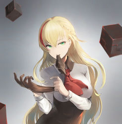 Rule 34 | 1girl, absurdres, blonde hair, braid, brown gloves, character request, chinese commentary, commentary request, glove in mouth, gloves, green eyes, grey background, highres, long hair, looking at viewer, mouth hold, multicolored hair, necktie, red hair, red necktie, removing glove, shadowverse, simple background, solo, streaked hair, upper body, yuuge ningen