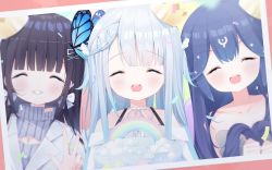 Rule 34 | 3girls, ^ ^, amatsuka uto, aoi nabi, bao (vtuber), bao (vtuber) (1st costume), blue hair, breasts, butterfly hair ornament, cleavage, cleavage cutout, closed eyes, clothing cutout, collarbone, confetti, crown, deyui, dress, grey dress, grey jacket, grey sweater, hair ornament, highres, holding, holding hair, indie virtual youtuber, jacket, long hair, multiple girls, off shoulder, photo (object), rainbow, second-party source, silver hair, smile, sweater, v, virtual youtuber