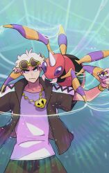 Rule 34 | 1boy, ariados, commentary request, creatures (company), eyeshadow, game freak, gen 2 pokemon, guzma (pokemon), holding, holding poke ball, hood, hooded jacket, jacket, jewelry, looking at viewer, makeup, male focus, necklace, nintendo, nyoripoke, open clothes, open jacket, pants, parted lips, poke ball, pokemon, pokemon (creature), pokemon sm, shirt, short hair, short sleeves, silk, sunglasses, ultra ball, white hair, yellow-framed eyewear