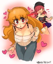 Rule 34 | 2girls, aba am, alternate costume, alternate headwear, bad id, bad pixiv id, bare shoulders, bent over, blood, blush, breasts, casual, cleavage, clothes writing, earrings, full-face blush, gradient background, heart, hecatia lapislazuli, jewelry, junko (touhou), large breasts, long hair, long sleeves, looking at viewer, mature female, miniskirt, multicolored clothes, multicolored skirt, multiple girls, no eyes, no headwear, nosebleed, open mouth, orange hair, pants, red eyes, shirt, short sleeves, skirt, sweatdrop, sweater, t-shirt, text focus, touhou, translation request
