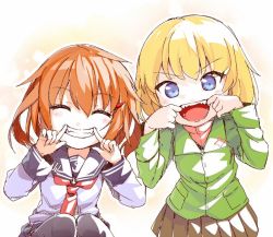 Rule 34 | 10s, 2girls, blonde hair, blue eyes, brown hair, closed eyes, commentary request, crossover, finger in own mouth, girls und panzer, green jacket, grin, hair ornament, hairclip, ikazuchi (kancolle), jacket, kantai collection, katyusha (girls und panzer), long sleeves, magenta (atyana), mouth pull, multiple girls, neckerchief, open mouth, pleated skirt, red neckerchief, school uniform, serafuku, short hair, skirt, smile, teeth