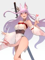 Rule 34 | 1girl, :d, absurdres, animal ears, bare shoulders, black choker, blush, bow, breasts, choker, cowboy shot, detached sleeves, fox ears, fox girl, heart, highres, indie virtual youtuber, japanese clothes, kamishiro natsume, katana, kimono, kitsune, long hair, looking at viewer, medium breasts, ootachi, open mouth, purple hair, red bow, red eyes, sheath, sheathed, simple background, smile, solo, sword, sword behind back, virtual youtuber, weapon, weapon on back, white background, wide sleeves, yuuhi (yuuvi83)