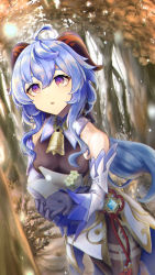 Rule 34 | 1girl, absurdres, ahoge, bare shoulders, bell, blue gloves, blue hair, breasts, detached sleeves, flower, ganyu (genshin impact), genshin impact, gloves, gold trim, highres, holding, holding flower, holding paper, horns, long hair, looking at another, looking up, momijioroshipz, neck bell, outdoors, paper, parted lips, purple eyes, qingxin flower, sidelocks, solo, thighlet, tree, vision (genshin impact), white flower, white sleeves