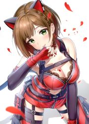 Rule 34 | 1girl, animal ears, bare shoulders, belt, blush, bodysuit, braid, breast tattoo, breasts, brown hair, cat ears, choker, cleavage, clothing cutout, collarbone, commentary request, dress, ear piercing, earrings, elbow gloves, fang, fingerless gloves, gloves, green eyes, hip focus, idolmaster, idolmaster cinderella girls, idolmaster cinderella girls starlight stage, jewelry, large breasts, looking at viewer, maekawa miku, nail polish, navel, navel cutout, paw print, petals, piercing, pouch, red bodysuit, red gloves, red nails, short braid, short dress, short hair, side braid, simple background, smile, solo, swept bangs, takeashiro, tattoo, thigh strap, thighs, tongue, tongue out, white background