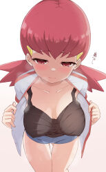 Rule 34 | 1girl, blush, breasts, brown shirt, cleavage, closed mouth, collarbone, commentary request, covered erect nipples, creatures (company), eyelashes, game freak, hair ornament, hairclip, highres, jacket, leaning forward, long hair, medium breasts, nintendo, open clothes, open jacket, opened by self, pink hair, pokemon, pokemon hgss, red eyes, shirt, short shorts, shorts, sleeveless, sleeveless shirt, solo, steaming body, sweat, temari rin, twintails, white background, whitney (pokemon)