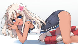 Rule 34 | 10s, 1girl, :d, all fours, arched back, blonde hair, blue eyes, blush, flower, gradient background, hair flower, hair ornament, kantai collection, lifebuoy, long hair, looking at viewer, open mouth, raiou, ro-500 (kancolle), school swimsuit, school uniform, simple background, smile, solo, swim ring, swimsuit, swimsuit under clothes, tan, tanline, tareme, tongue, torpedo