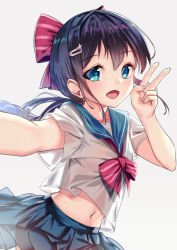 Rule 34 | 1girl, :d, black hair, blue sailor collar, blue skirt, blush, bow, bowtie, collarbone, commentary request, fang, fingernails, grey background, hair between eyes, hair bow, hair ornament, hairclip, highres, long hair, low ponytail, midriff, nail polish, navel, open mouth, original, pink nails, pleated skirt, ponytail, red bow, red bowtie, sailor collar, school uniform, see-through, serafuku, shirt, short sleeves, simple background, skirt, smile, solo, striped bow, striped bowtie, striped clothes, striped neckwear, v, white shirt, yan (nicknikg)