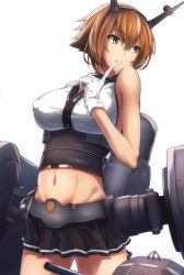 Rule 34 | 10s, 1girl, arm behind back, black skirt, breasts, brown hair, covered erect nipples, cowboy shot, finger to mouth, green eyes, groin, hair between eyes, headgear, kantai collection, large breasts, looking away, matsunaga garana, miniskirt, mutsu (kancolle), navel, parted lips, pleated skirt, rigging, short hair, simple background, skirt, smokestack, solo, standing, stomach, striped clothes, striped skirt, turret, white background
