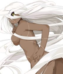 Rule 34 | 10s, 1girl, absurdly long hair, ass, black sclera, breasts, colored sclera, cowboy shot, dark skin, dark-skinned female, doppel (monster musume), doppelganger, eyes visible through hair, hair censor, hand on own hip, highres, karatakewari, long hair, looking at viewer, monster girl, monster musume no iru nichijou, nude, one eye closed, prehensile hair, simple background, solo, tongue, tongue out, very long hair, white background, white hair, yellow eyes