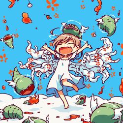 Rule 34 | 1girl, :d, \o/, angel, arms up, barefoot, bizarre rain, blue background, brown hair, chibi, closed eyes, cloud, detached sleeves, dress, eating, eyeball, fang, flesh, flower (symbol), halo, happy, lowres, medium hair, monster, on head, open mouth, organs, original, outstretched arms, rakuni, skin fang, smile, solo, standing, standing on one leg, white dress, white wings, wings