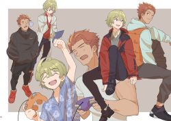 Rule 34 | 2boys, alternate costume, black eyes, black footwear, black pants, blonde hair, casual, clenched hand, closed eyes, closed mouth, coat, commentary, controller, dark-skinned male, dark skin, fujie-yz, game controller, gamecube controller, hair between eyes, hands in pockets, hawaiian shirt, highres, holding, holding controller, holding game controller, invisible chair, jacket, lab coat, long sleeves, male focus, multiple boys, nose bubble, pants, playing games, purple eyes, red footwear, red hair, reyn (xenoblade), shirt, shorts, shulk (xenoblade), simple background, sitting, standing, sweat, sweater vest, two-tone background, white shirt, xenoblade chronicles (series), xenoblade chronicles 1