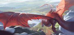 Rule 34 | 1boy, above clouds, animal focus, bad id, bad tumblr id, cloud, day, dragon, dragon riding, fantasy, felicia chen, flying, from above, hill, lake, landscape, open mouth, original, outdoors, river, scenery, simple bird, standing, tail, western dragon, wings, wyvern