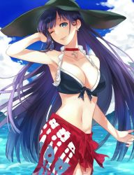 Rule 34 | 1girl, arm behind head, bikini, black bikini, blue eyes, breasts, choker, cleavage, cross, earrings, fate/grand order, fate (series), hat, highres, jewelry, large breasts, long hair, looking at viewer, martha (fate), martha (swimsuit ruler) (fate), martha (swimsuit ruler) (first ascension) (fate), navel, ocean, one eye closed, purple hair, red sarong, sarong, solo, sun hat, swimsuit, ynion