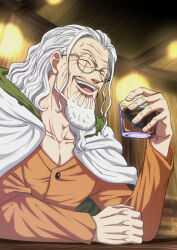 Rule 34 | 1boy, closed eyes, glasses, highres, indoors, laughing, long hair, long sleeves, male focus, mature male, musasabiop, old, old man, one piece, orange shirt, pectoral cleavage, pectorals, robe, shirt, silvers rayleigh, upper body, white hair, white robe