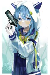 Rule 34 | 1girl, absurdres, animal hood, belt, black sailor collar, blue eyes, blue hair, blush, box, cat hood, collarbone, commentary request, gun, heart-shaped box, highres, holding, holding gun, holding weapon, hololive, hood, hood up, hooded jacket, hoshimachi suisei, hoshimachi suisei (school uniform), jacket, long sleeves, looking at viewer, nappi0110, neckerchief, open clothes, open jacket, sailor collar, sailor shirt, shirt, skirt, solo, virtual youtuber, weapon, white belt, white jacket, yellow neckerchief