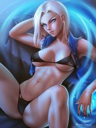 Rule 34 | 1girl, abs, android 18, arm support, aroma sensei, black bra, black panties, blonde hair, blue eyes, blue jacket, blue shirt, bottomless, bra, breasts, dragon ball, dragon ball super, dragonball z, earrings, energy, energy ball, eyelashes, highres, jacket, jewelry, open clothes, open shirt, panties, parted lips, seductive smile, shiny skin, shirt, sitting, sleeveless, sleeveless shirt, smile, spread legs, tagme, thong, underwear